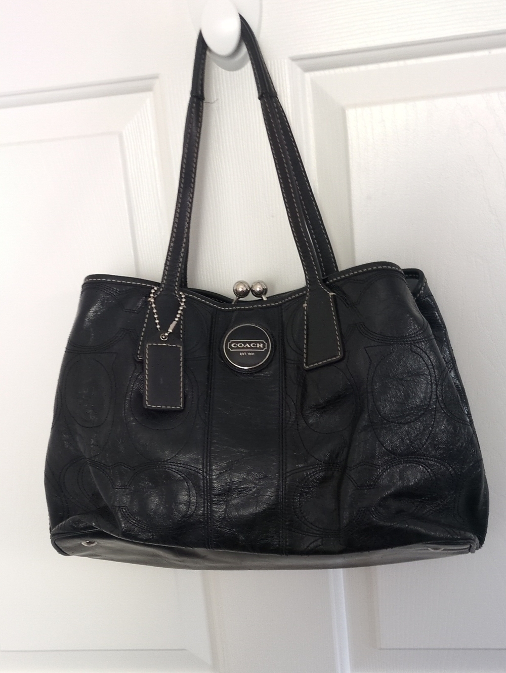 Coach Vintage Black Embossed Optic C Leather Kisslock Satchel Tote Bag - As-Is